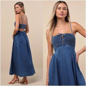 LULU’S Laylie Medium Wash Denim Lace-Up Midi Dress